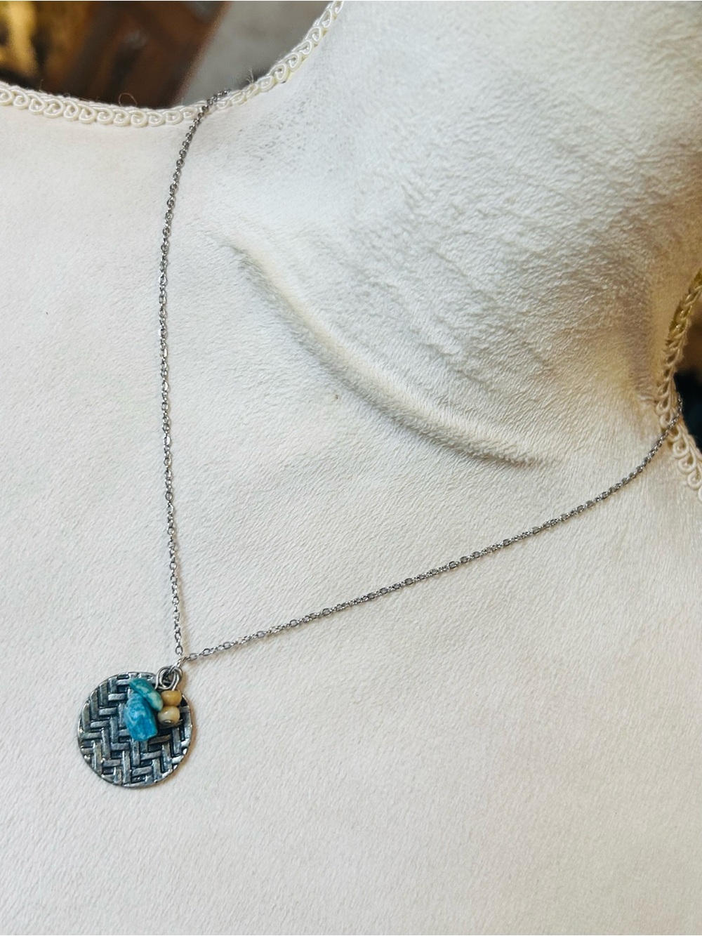 Handcrafted vintage woven disc stone pendant on chain necklace